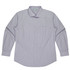 A long-sleeve button-up shirt in light purple and white stripes with a single chest pocket and a logo.