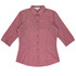 A button-up shirt with 3/4 sleeves in a light red colour, featuring a collar and a logo.