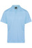 A light blue polo shirt with a collar and three buttons, featuring a logo on the tag.