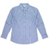 A blue and white checkered long sleeve button-up shirt, featuring a collar and a logo.