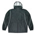 A dark green men's jacket with a hood, featuring white accents and zippered pockets. It has a branded logo.