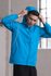 A blue men's jacket featuring a hood and zipper, with a sporty design and reflective detailing.