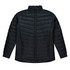 A black, padded jacket with a zip front and two side pockets; features a high collar and a sleek design.