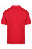 A red polo shirt featuring a collar and short sleeves, with a logo on the back.