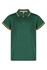 A green polo shirt with yellow accents and a collar, featuring three buttons and short sleeves.