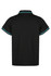 A black polo shirt featuring contrasting teal trim and a collar, with a logo on the back.