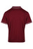 A maroon polo shirt with contrasting white stripes on the collar and sleeves, featuring a logo.