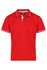 A red polo shirt with white trim, featuring a collar and three buttons, plus a logo on the chest.