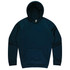 A navy blue hoodie featuring a kangaroo pocket and a hood, with a logo on the label.