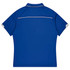 A blue polo shirt with short sleeves and a contrasting trim, featuring a logo on the back.