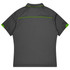 A grey polo shirt with green accents and a logo on the back, designed for sports uniforms.