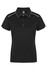 A black polo shirt with a collared neckline, featuring contrasting edging and a logo.