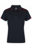 A navy polo shirt with red accents, featuring a collar and button placket. Includes a branding logo.