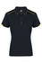 A women's polo shirt in navy with yellow accents, featuring a collar and button placket. It has a logo on the chest.