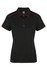 A black polo shirt with red accents and a collar, featuring a logo on the chest.