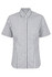 A short-sleeve button-up shirt in a grey and white check pattern, featuring a collar and buttons. Includes a logo.