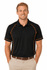 A black polo shirt with orange accents, featuring a collar and short sleeves, displayed on a male model.