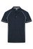 A navy polo shirt with white piping and a logo on the chest. Short sleeves and a classic collar design.