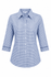 A blue and white checked button-up shirt with 3/4 sleeves and a collar, featuring branding.