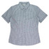 A short-sleeve button-up shirt in a blue and white gingham pattern with a collar and a branded logo.