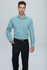A long-sleeve button-up shirt in a teal and white gingham pattern, worn by a model with black trousers.