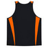 A black singlet featuring orange side accents and a logo on the front. Suitable for kids' active wear.