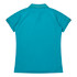 A turquoise polo shirt with short sleeves and a classic collar, featuring a logo on the back.