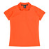 An orange women's polo shirt with a collar and short sleeves, featuring branding.