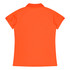 An orange polo shirt featuring a collared neckline and short sleeves, with a logo on the back.