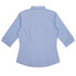 A light blue button-up shirt with 3/4 sleeves and a back view, featuring a collar and a logo.