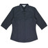 A dark grey button-up shirt with 3/4 sleeves and a collar. It features a branding logo.