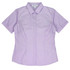 A short-sleeve button-up shirt in light purple with a fitted design and a collar. Features a branding logo.