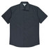 A short-sleeve button-up shirt in a dark grey colour with a chest pocket and an additional branding label.