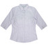 A light blue and white striped button-up shirt with 3/4 sleeves and a collar. It features a logo on the chest.