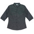 A button-up shirt in grey with a striped pattern and 3/4 sleeves. It features a collar and a logo.