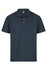 A navy polo shirt with a collar and three buttons, featuring a logo on the tag.