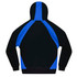 A black and blue hoodie with a large hood and contrasting colour panels on the back. Features a logo.