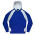 A blue and white children's hoodie with a front pocket and a hood, featuring a logo on the inside.