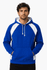 A blue hoodie with white accents and a front pocket, featuring a drawstring hood and a logo.