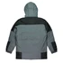 A men's jacket in shades of grey and green, featuring a hood and contrasting panel design on the back.
