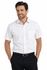 A short sleeve white button-up shirt with a chest pocket, modelled by a smiling man. The shirt features a logo.