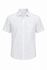 A short sleeve, button-up men's shirt in white with a single chest pocket. The shirt features a logo.