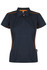 A dark navy polo shirt with short sleeves and orange piping accents. It features a collar and a brand logo.
