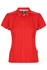 A red polo shirt with a collar, short sleeves, and white trim, featuring a logo on the upper area.