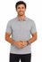 A grey men's polo shirt with a collar, featuring a logo and worn by a smiling model.