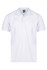 A white polo shirt featuring a collar and short sleeves, with a small logo on the chest area.