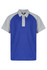 A blue polo shirt with grey sleeves and a collar. Features buttons and has a logo.