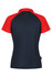 A polo shirt featuring a navy main body with red sleeves, complete with a collar and a branding logo on the side.