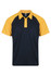 A navy and yellow polo shirt with a collar and short sleeves, featuring a logo on the chest.