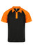 A black and orange polo shirt featuring short sleeves and a collared neck, with a logo on the chest.